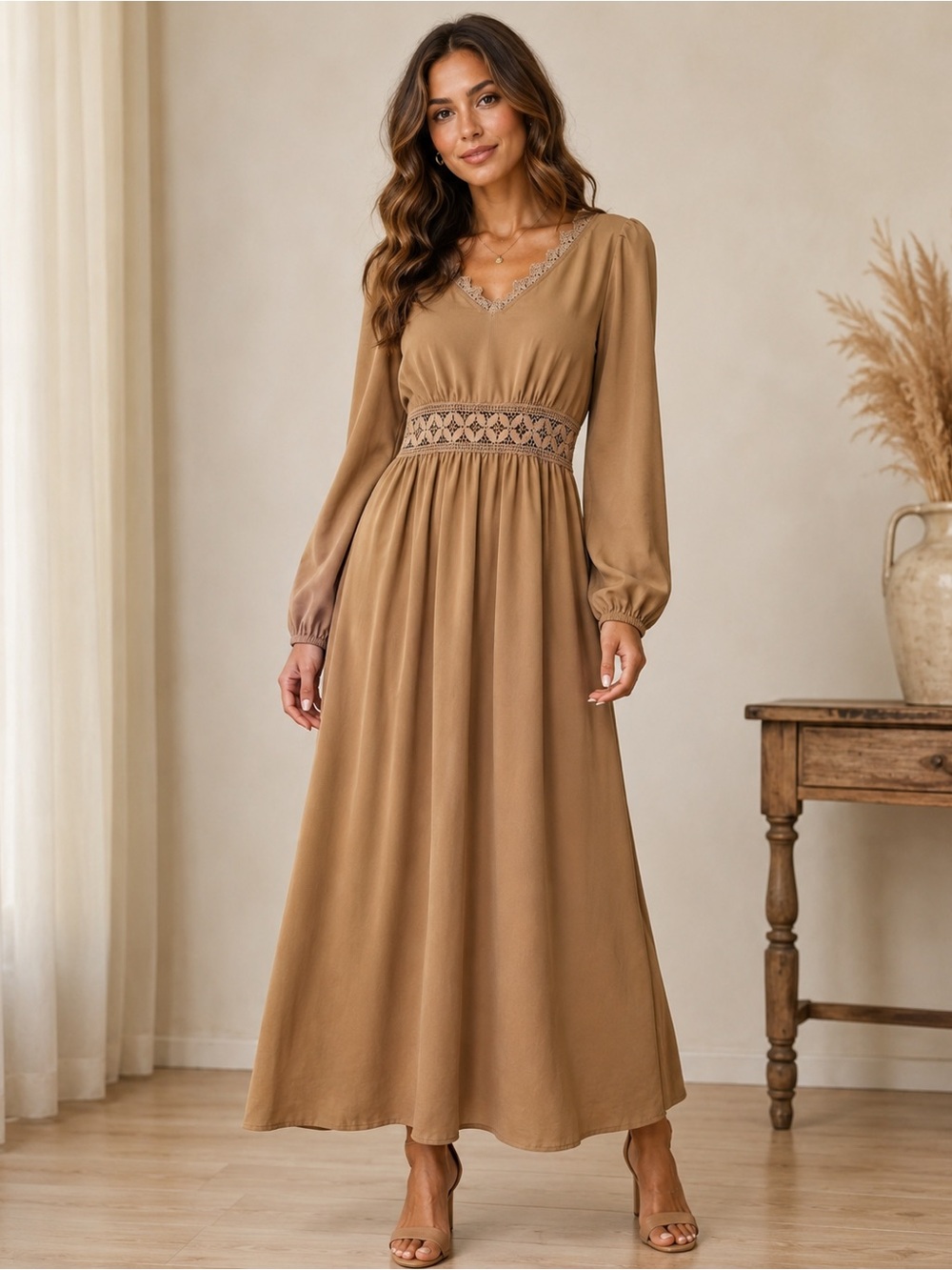 Cupshe Boho coastal chic boutique Tan‎ Long Sleeve Dress with Lace Waist Detail